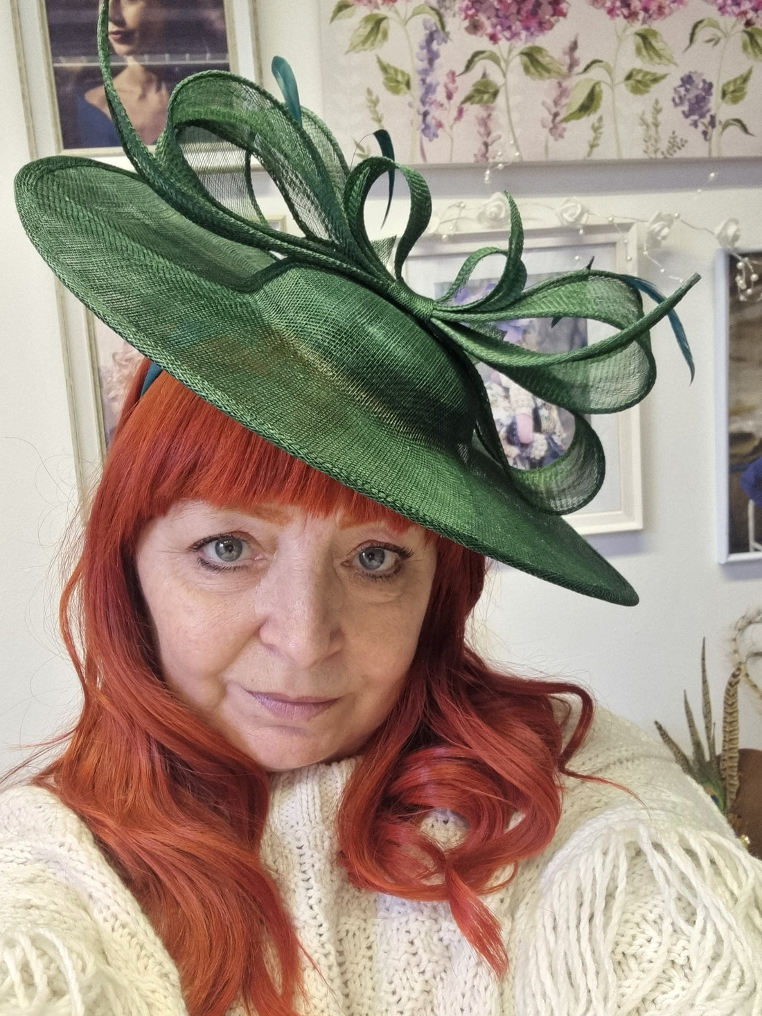 Forest green large sinanay fascinator wedding hat races hat