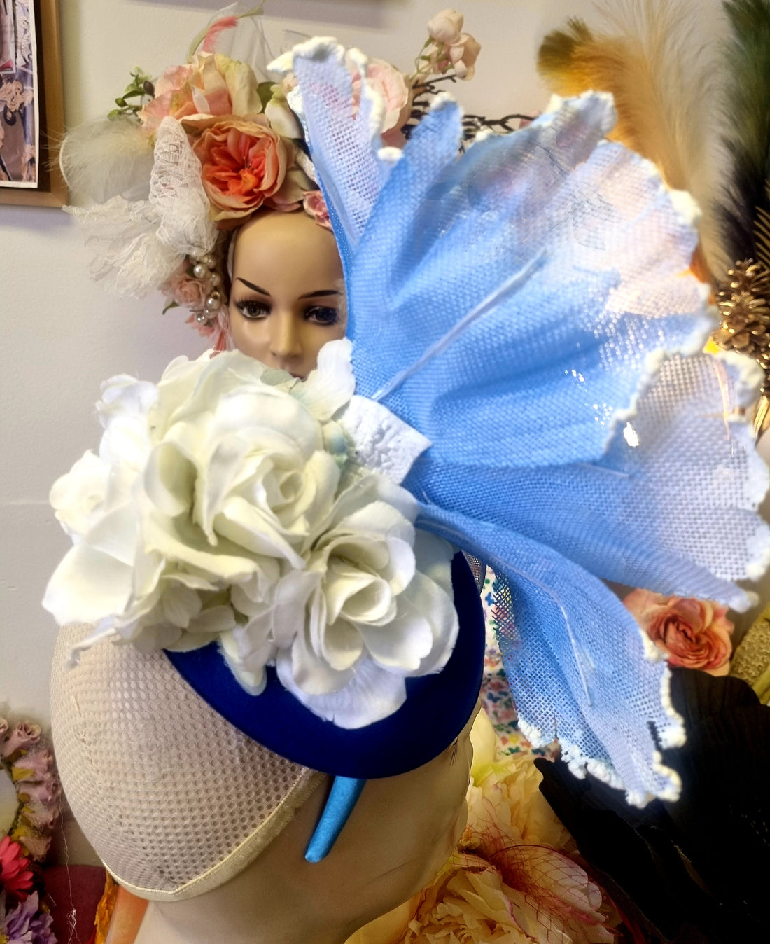 Large flower fascinator Blue hatinator wedding hat races hat ascott