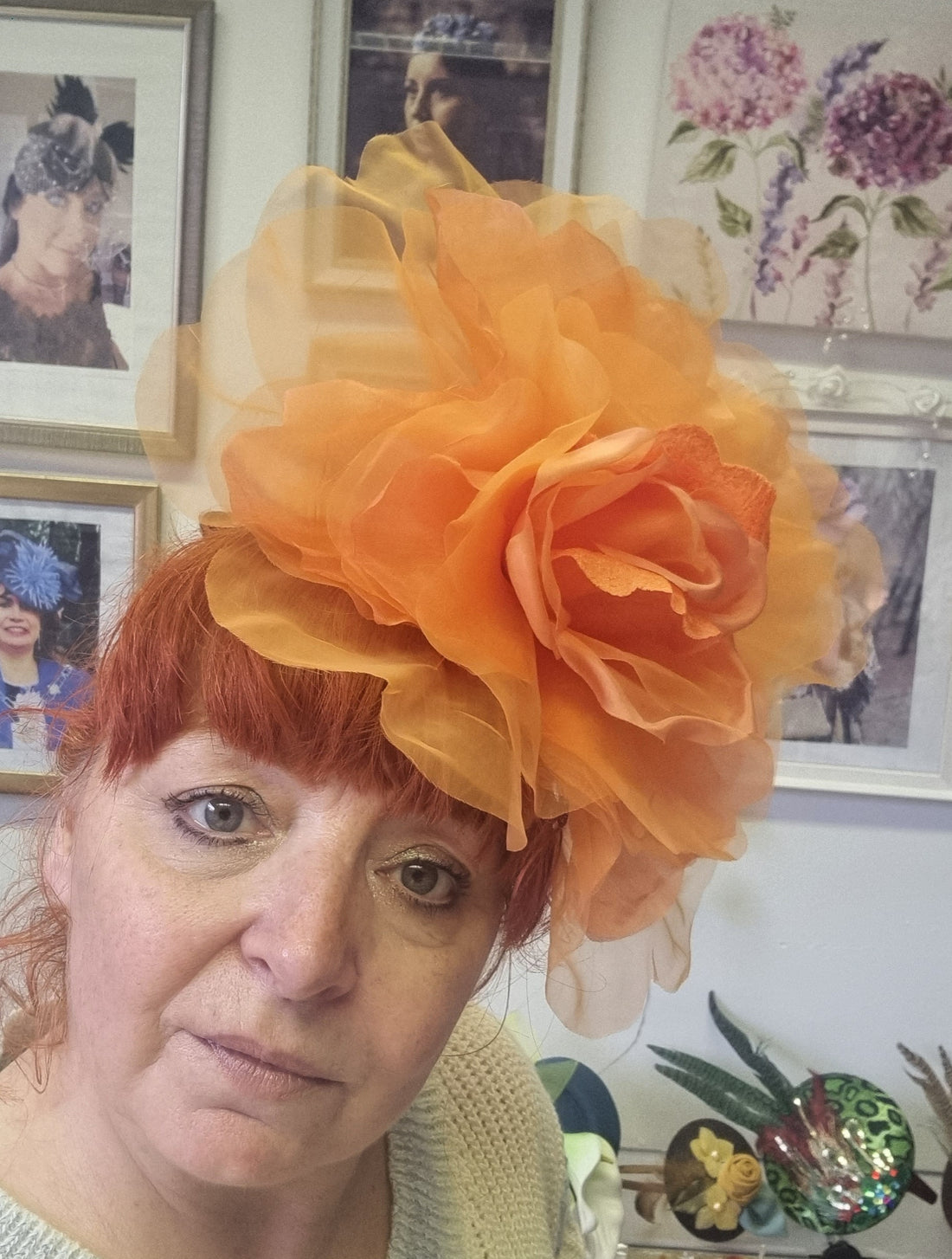 Orange large flower fascinator. Wedding fascinator. Races hats.