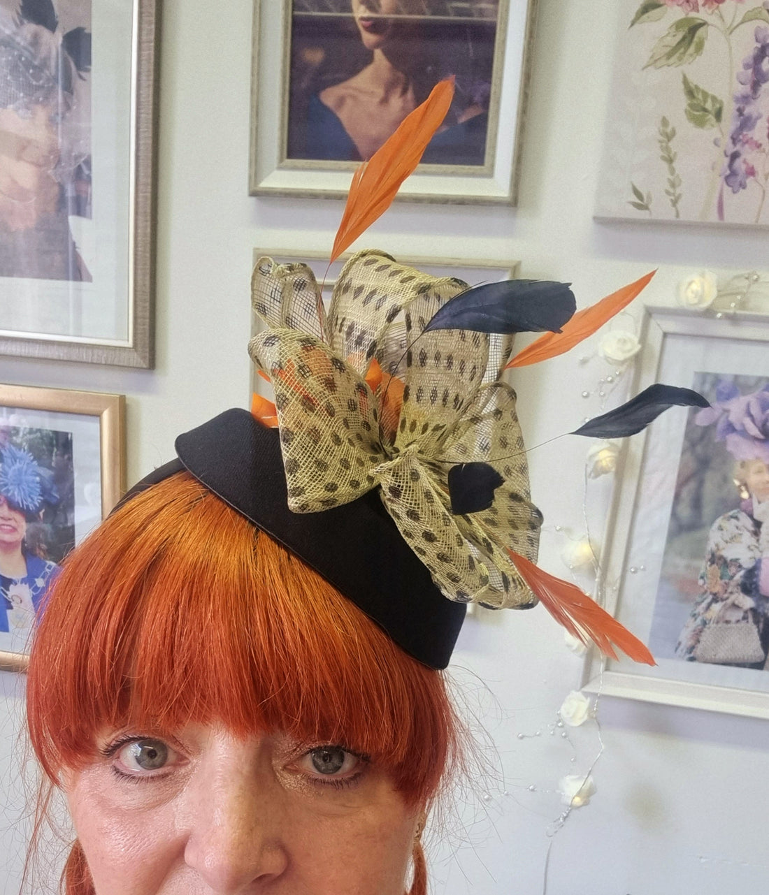 Black cream and orange bow pillbox hatinator