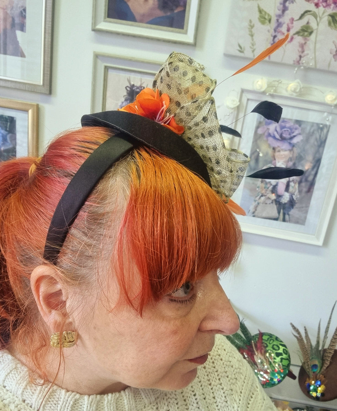 Black cream and orange bow pillbox hatinator