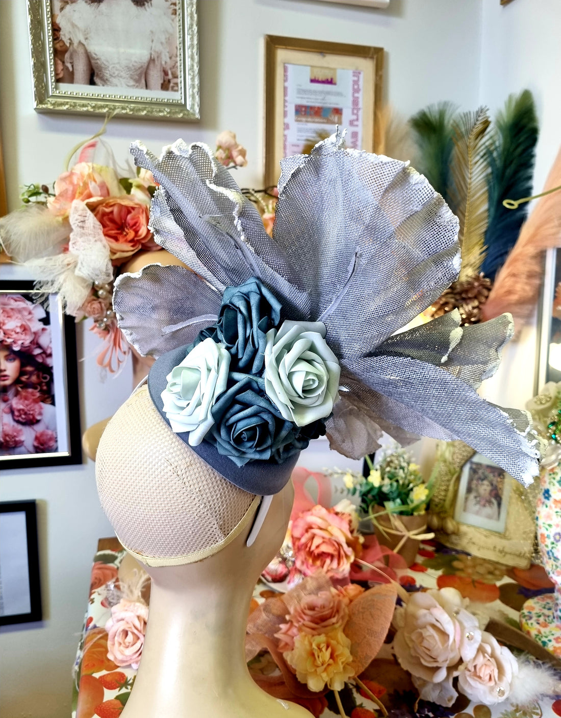 Grey flower fascinator. Races hat. Wedding hat.