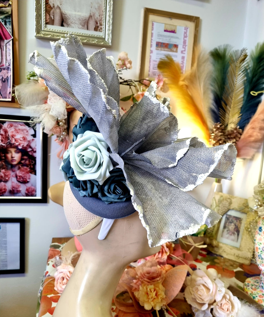 Grey flower fascinator. Races hat. Wedding hat.