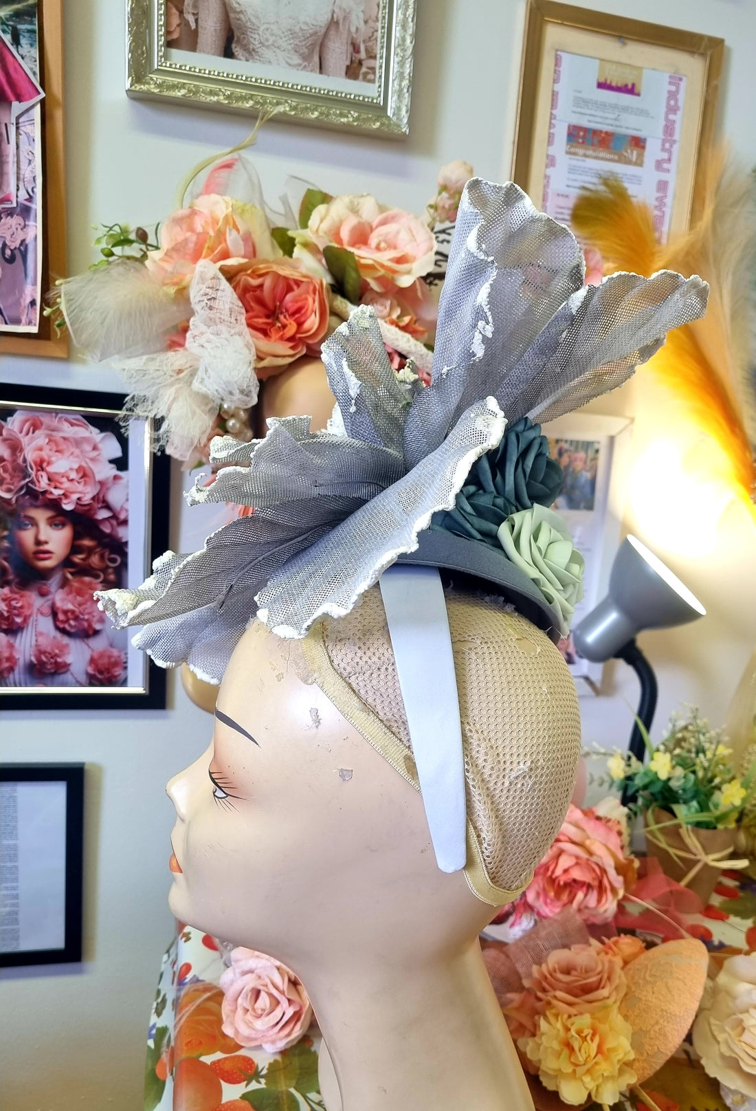 Grey flower fascinator. Races hat. Wedding hat.