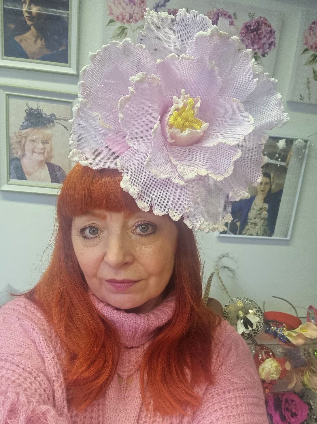 Pink lilac large flower fascinator. Wedding races occasionwear hat.