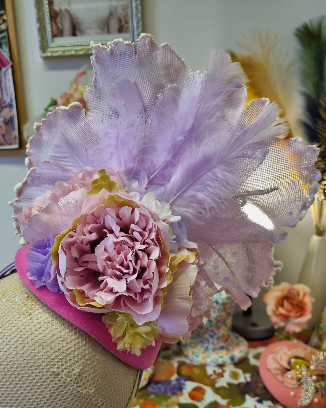 Pink lilac large flower fascinator. Wedding races occasionwear hat.