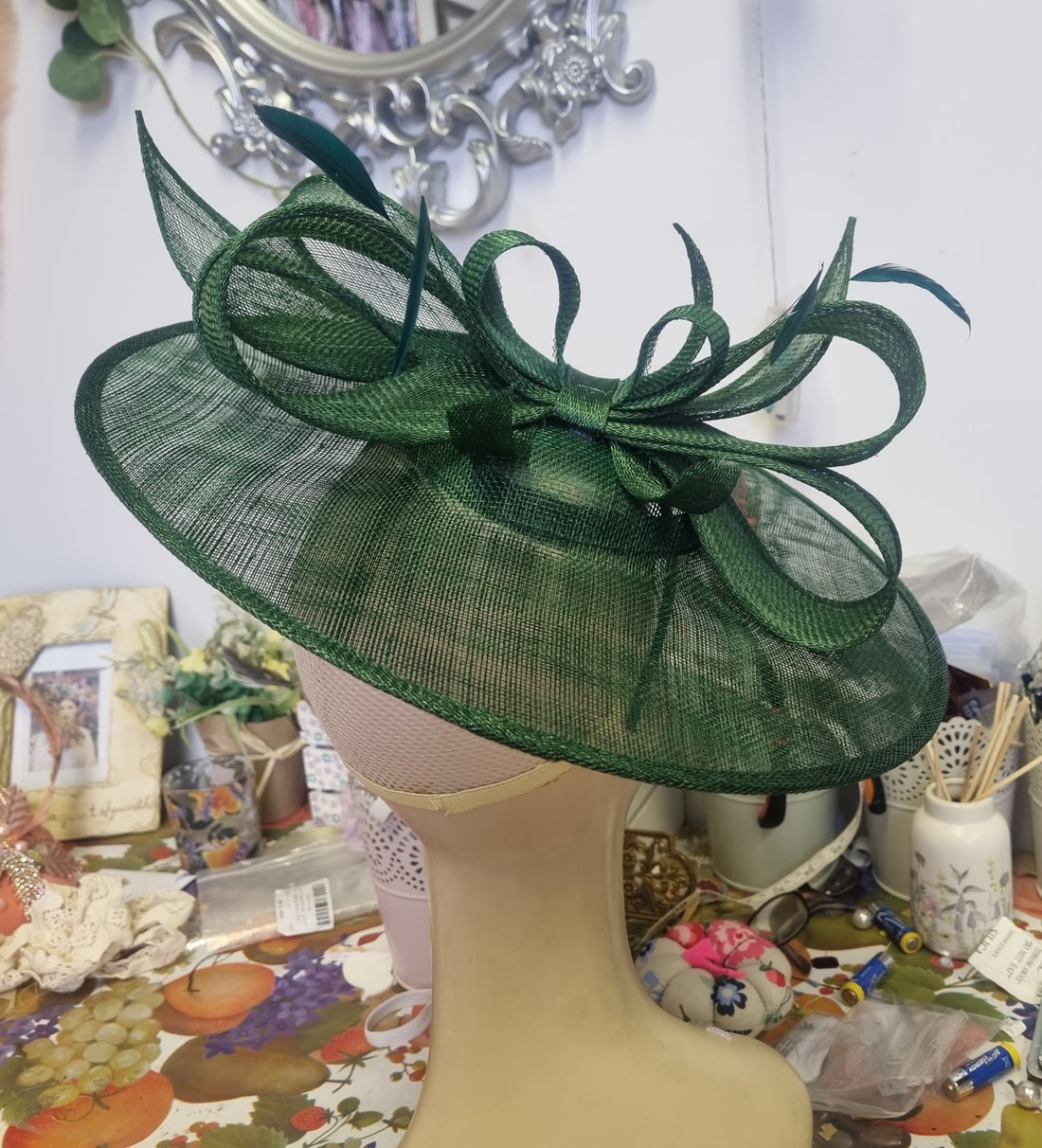 Forest green large sinanay fascinator wedding hat races hat