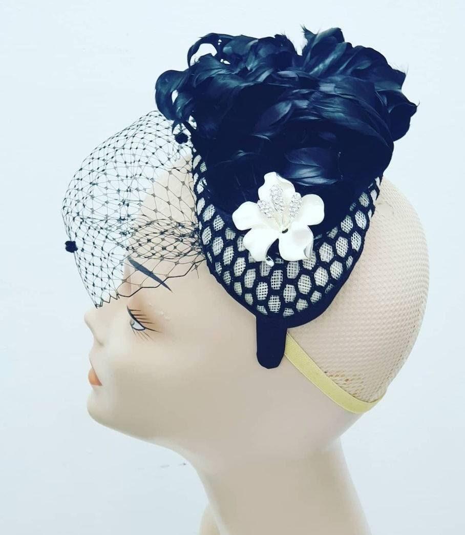 Black  ivory monochrome feather  fascinator veil headpiece headband fascinator hatinator duchy wedding races womens