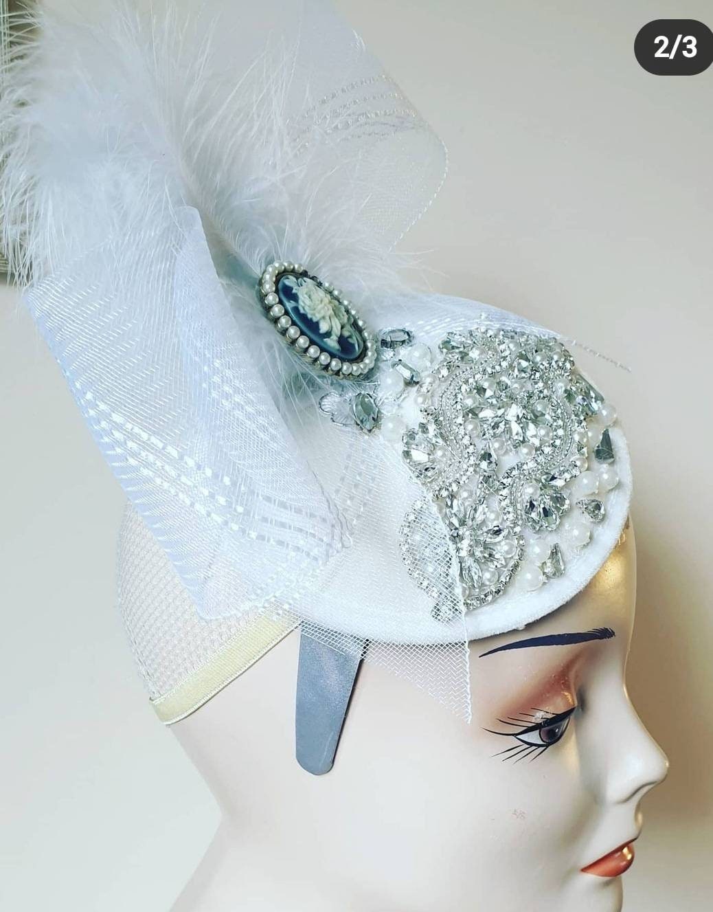 White silver Fascinator pillbox Hat Hatinator embellished wool headpiece headband races Wedding bride womens