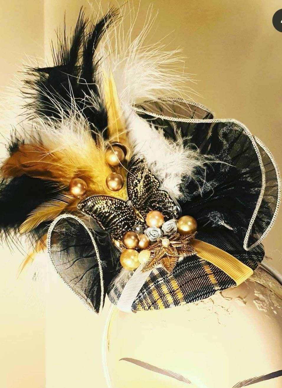 Black gold yellow white feather ruffle pillbox hat check luxury wool headband wedding races hair fascinator headpiece hatinator womens