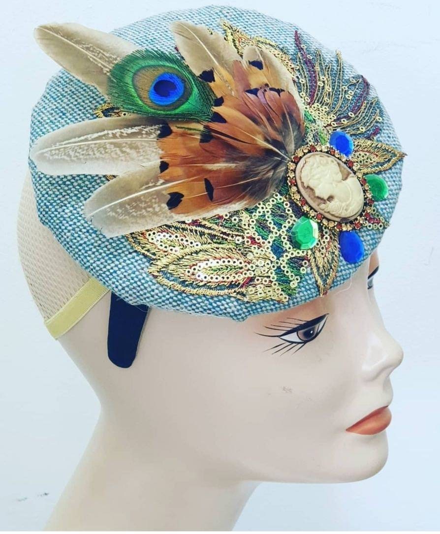 Green blue rust pillbox hat jewel feather cameo tweed sinanay percher fascinator races wedding hatinator Equestrian headpiece womens