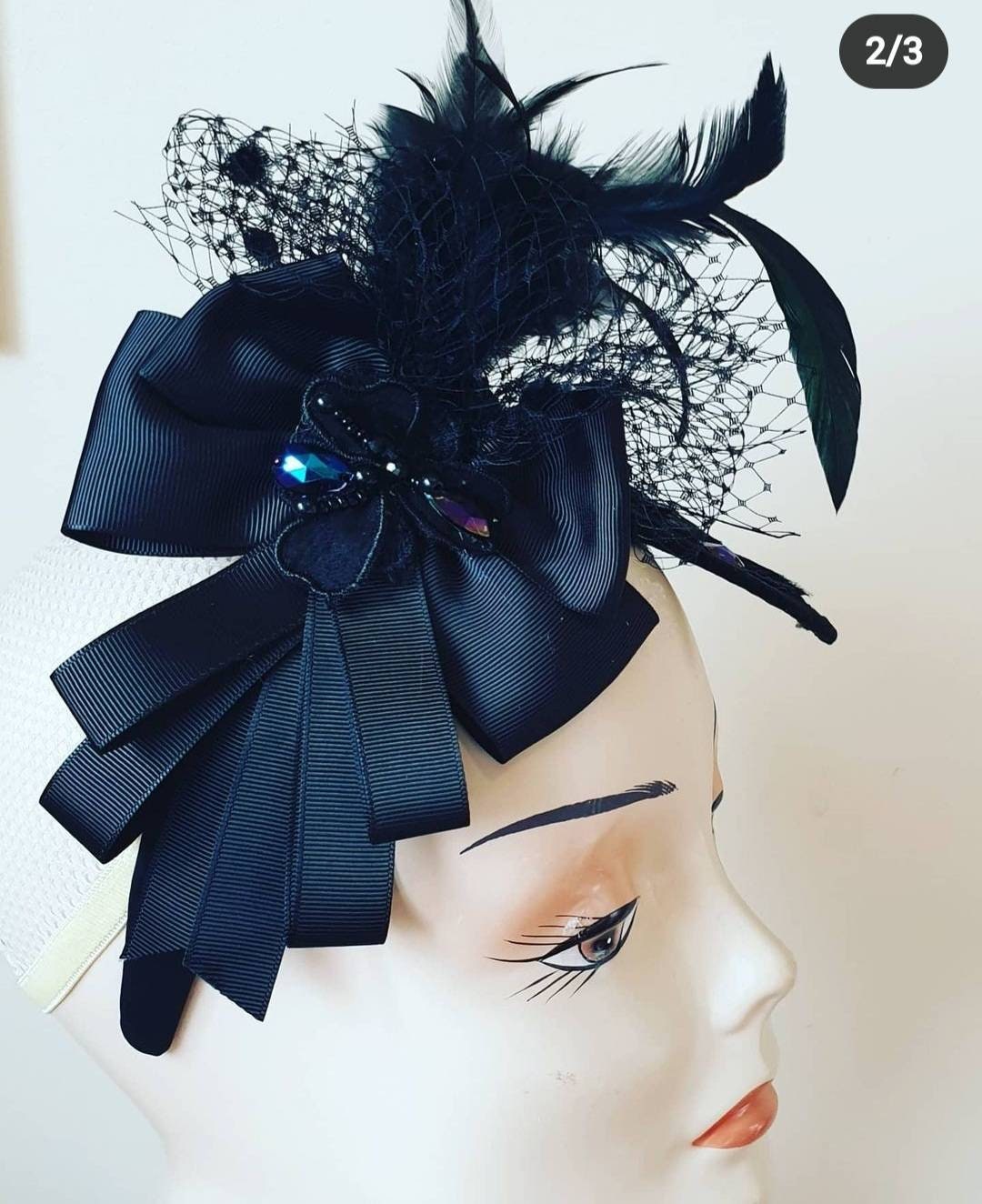 Black teal jewel bow hatinator  percher feather premium wool hat races Wedding fascinator headpiece band womens