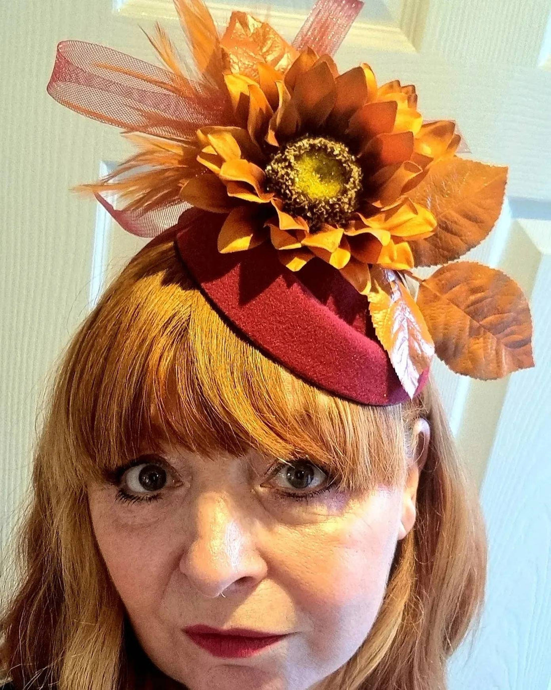Red russet and burgundy orange flower wool pillbox hat sunflowers band headpiece hatinator wedding races Flower fascinator womens