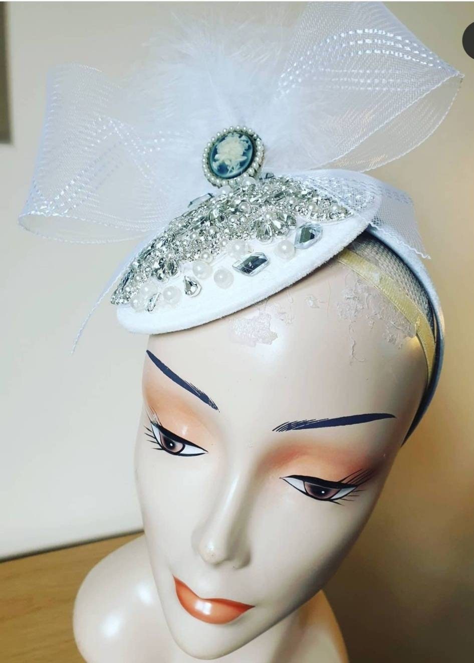 White silver Fascinator pillbox Hat Hatinator embellished wool headpiece headband races Wedding bride womens