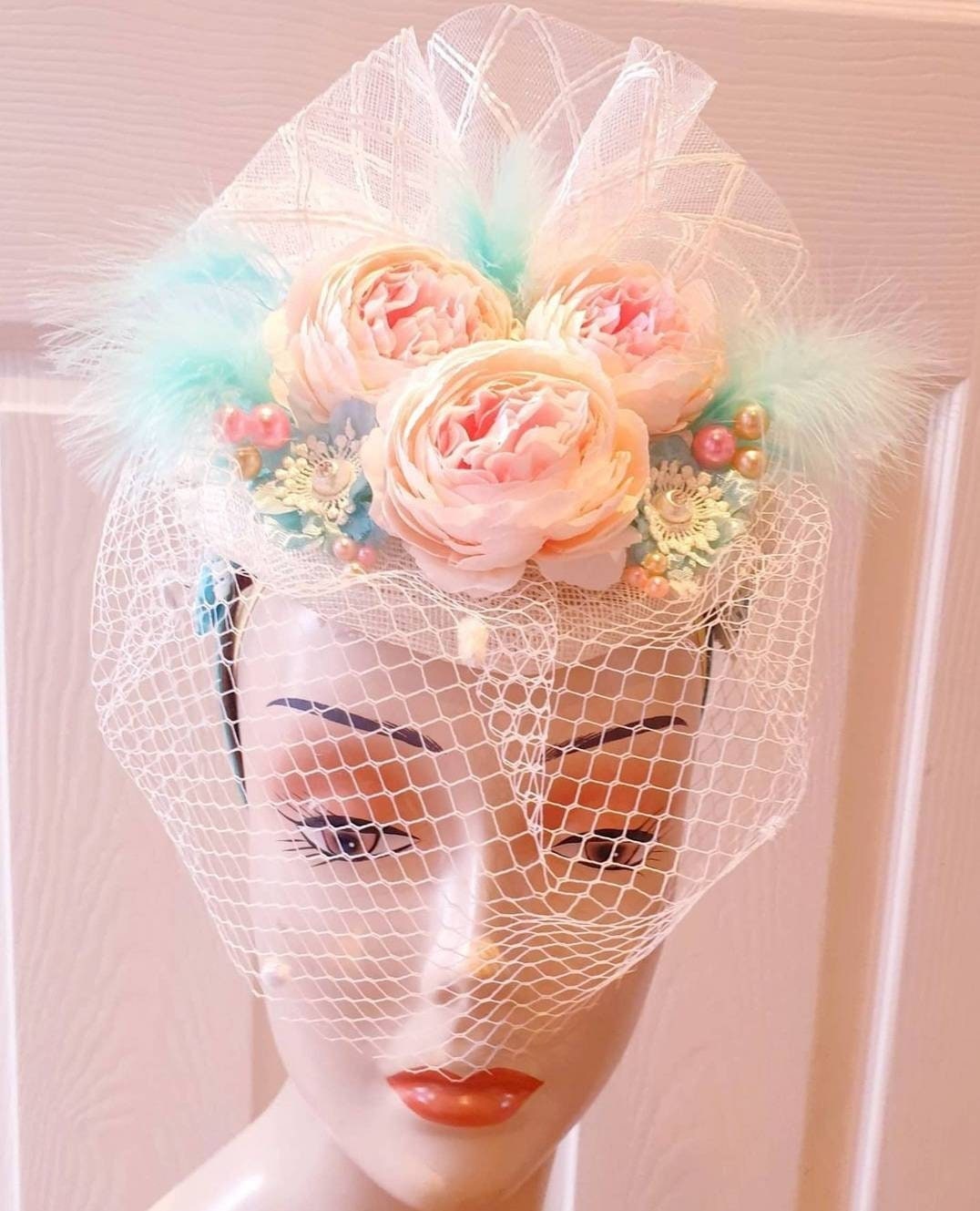 Peach jade pink Green ivory flower pillbox hat Vintage look hatinator headpiece fascinator feathers  pearls Bride christening races womens