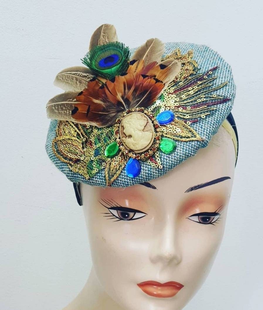 Green blue rust pillbox hat jewel feather cameo tweed sinanay percher fascinator races wedding hatinator Equestrian headpiece womens