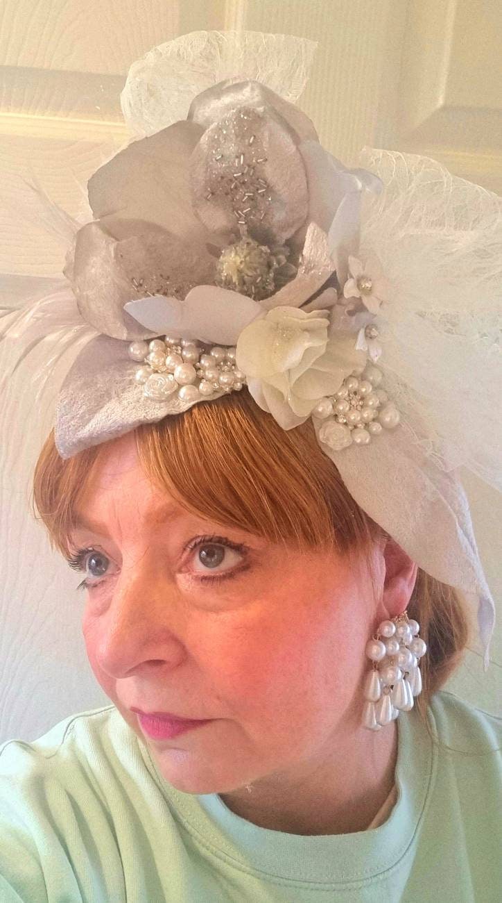 Grey ivory silver large flower fascinator pearls band jewel Hat headpiece fascinator races wedding mother of the bride groom womens