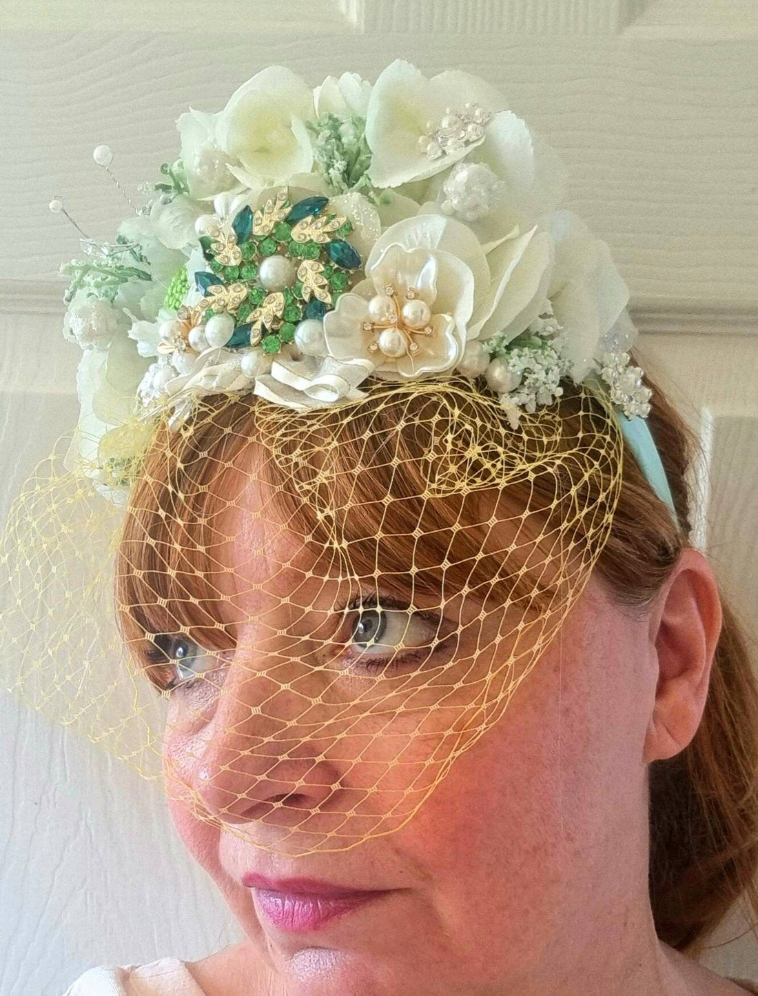 ivory  yellow flower fascinator luxury headpiece veil jewel Bridal headband maid of honor Vintage style wedding races womens