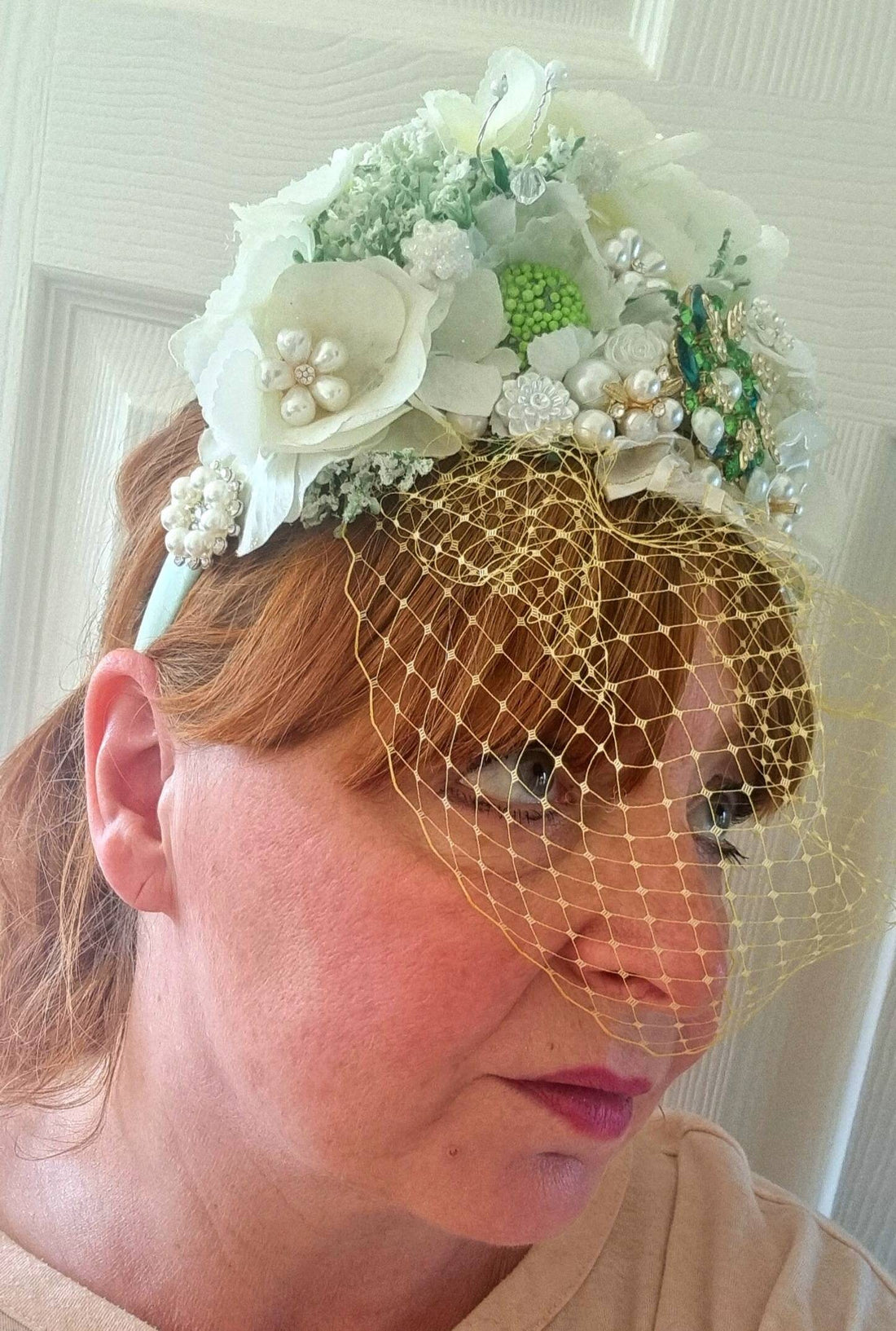 ivory  yellow flower fascinator luxury headpiece veil jewel Bridal headband maid of honor Vintage style wedding races womens