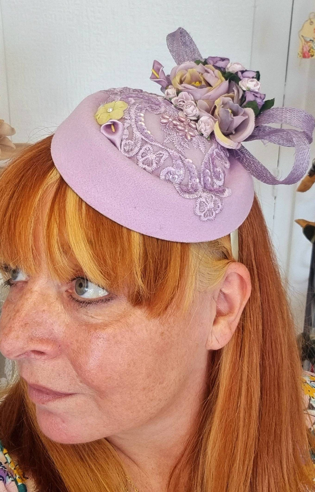 Lilac purple flower hatinator pillbox hat headpiece fascinator Races Wedding headband womens