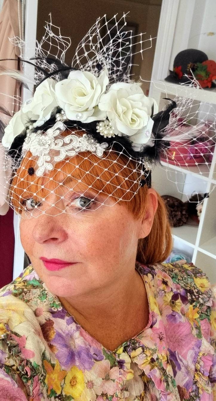Black Ivory white flower crown veil boho headpiece fascinator hat Woodland wedding races womens accessories