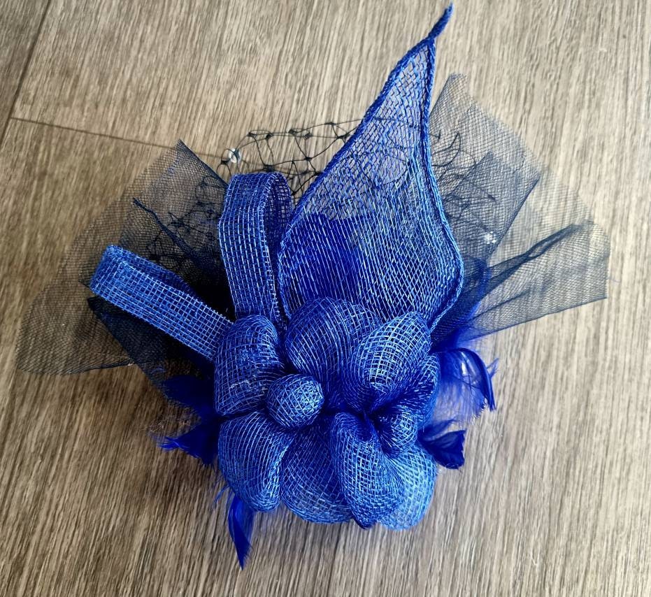 Royal blue flower sinamay fascinator hairslide Wedding Races headpiece womens