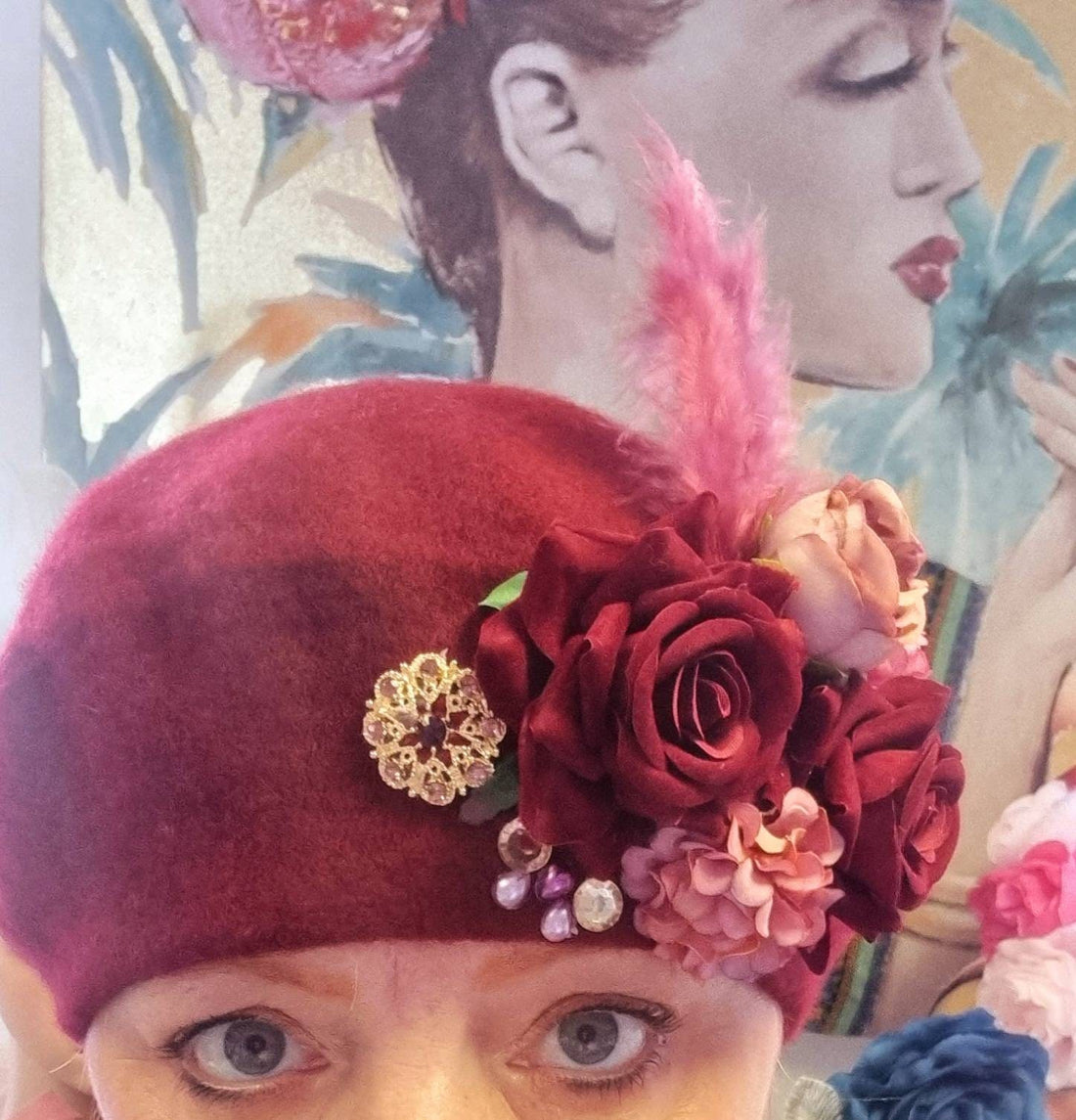 Berry red wine pink flower hatinator wool Beret jewel feather corsage Winter hat weddings daywear womens accessories