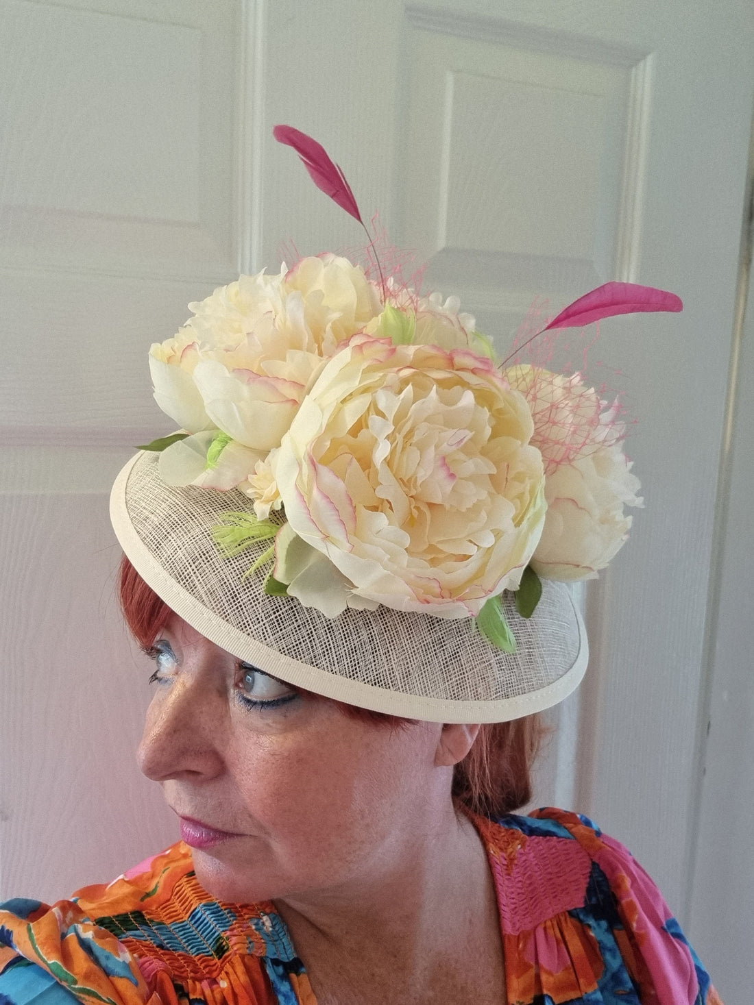 Cream green pink flower hatinator band sinamay percher fascinator races christenings weddings mother of the bride occasion hat womens