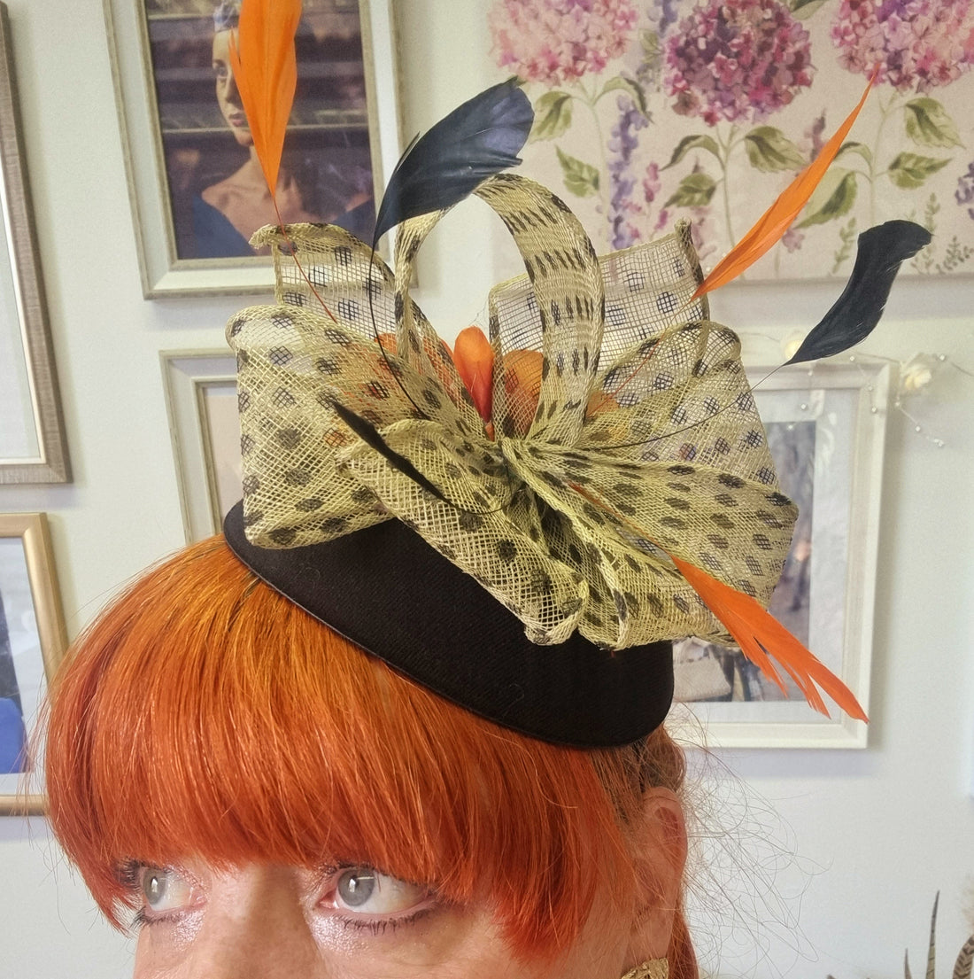 Black cream and orange bow pillbox hatinator