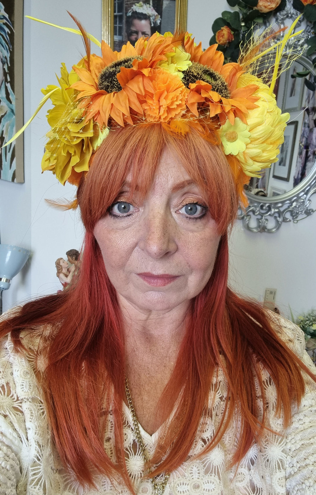 orange yellow sunflower flower crown Boho headpiece fascinator Sunflower headband Hat races. Wedding Hen party Woodland wedding womens