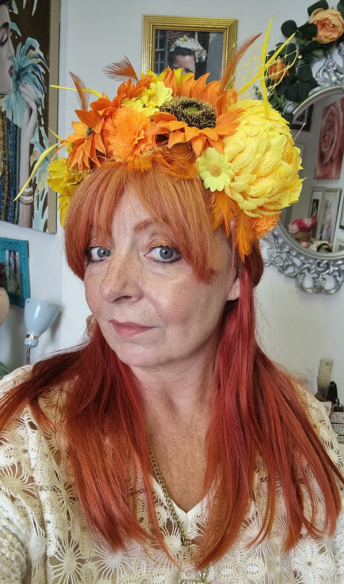 orange yellow sunflower flower crown Boho headpiece fascinator Sunflower headband Hat races. Wedding Hen party Woodland wedding womens