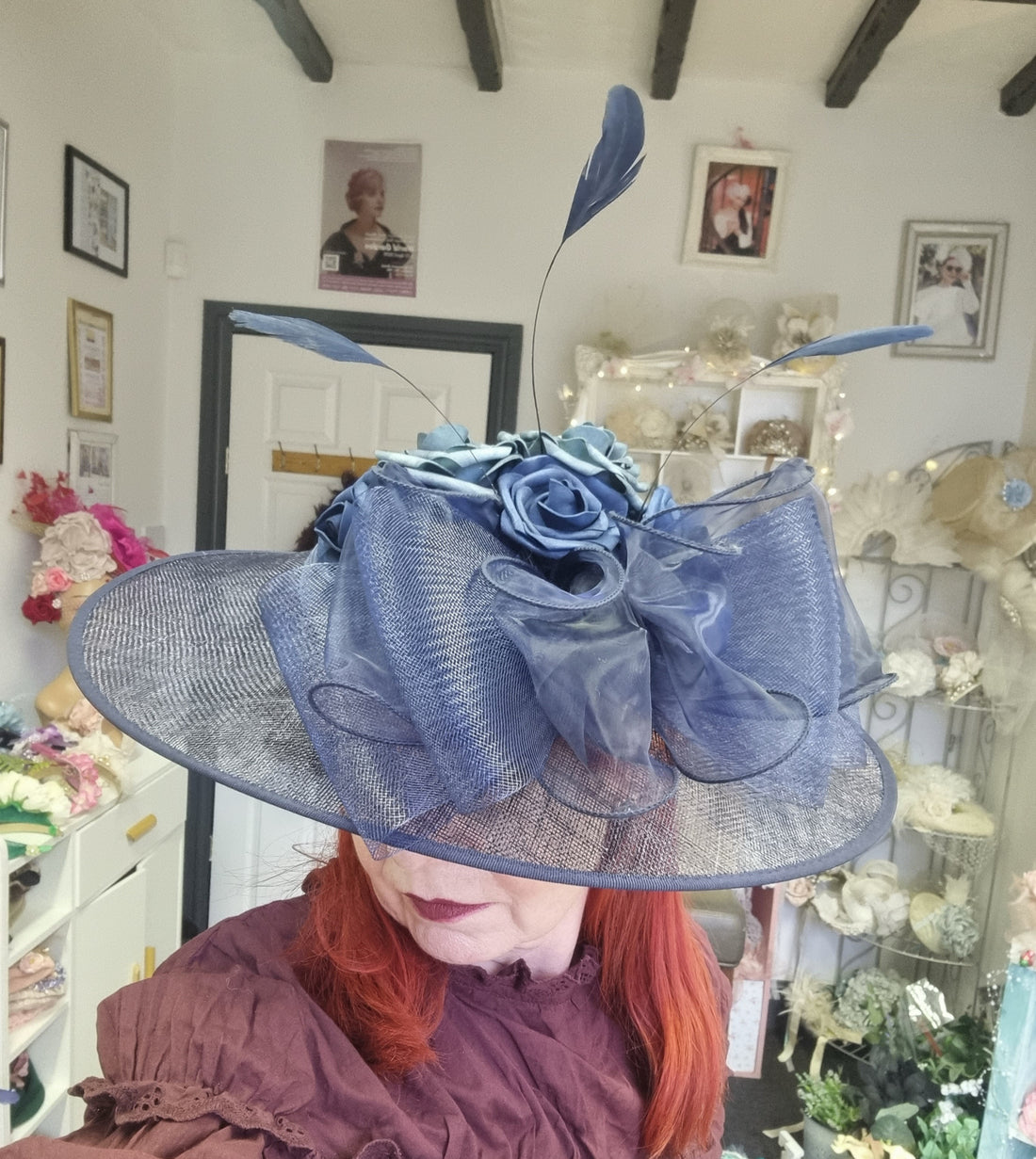 Navy large tilted fascinator. Wedding hat. Races hats.