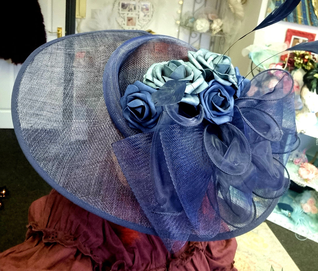 Navy large tilted fascinator. Wedding hat. Races hats.