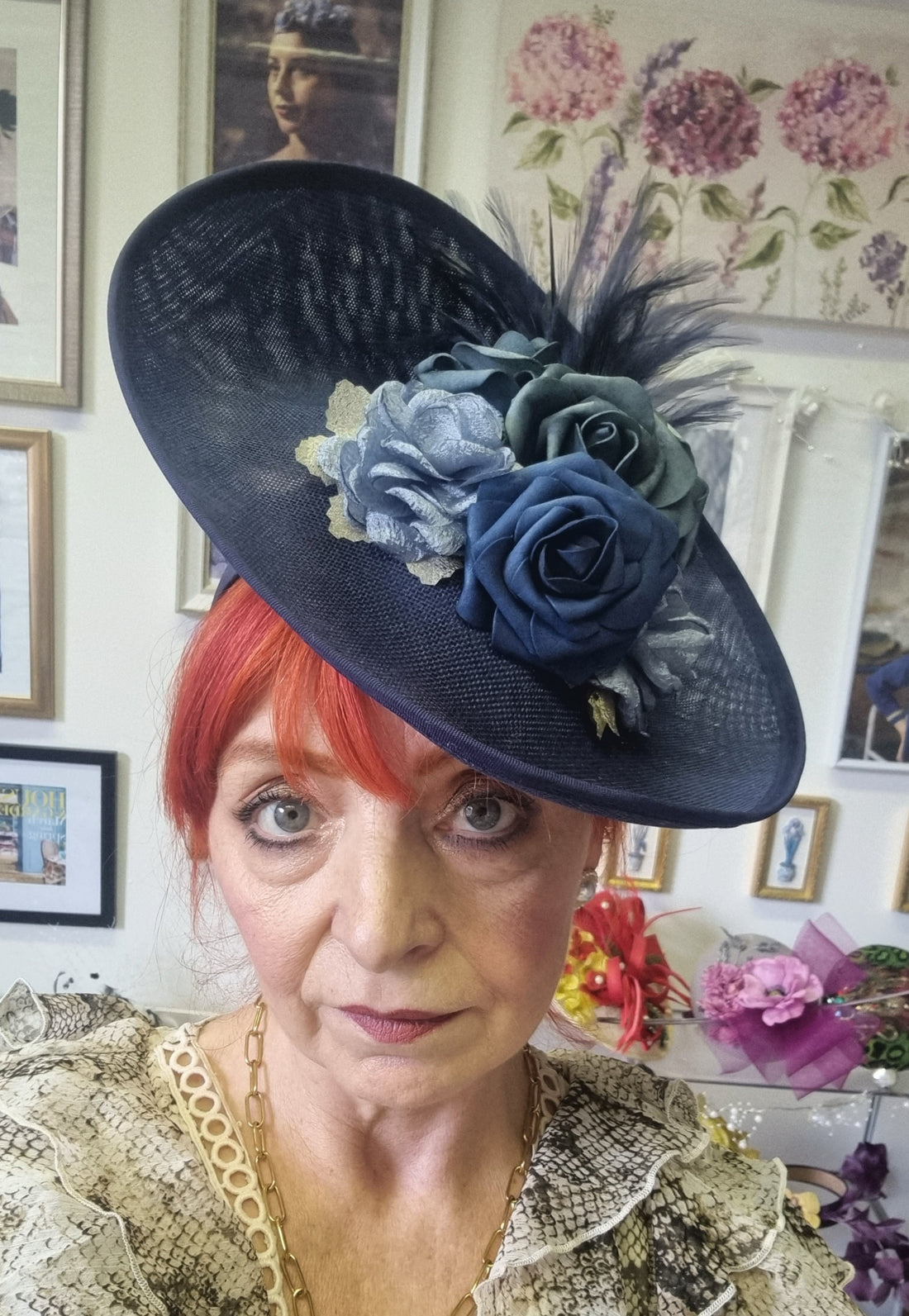 Navy large tilted fascinator. Races hat. Wedding hat.