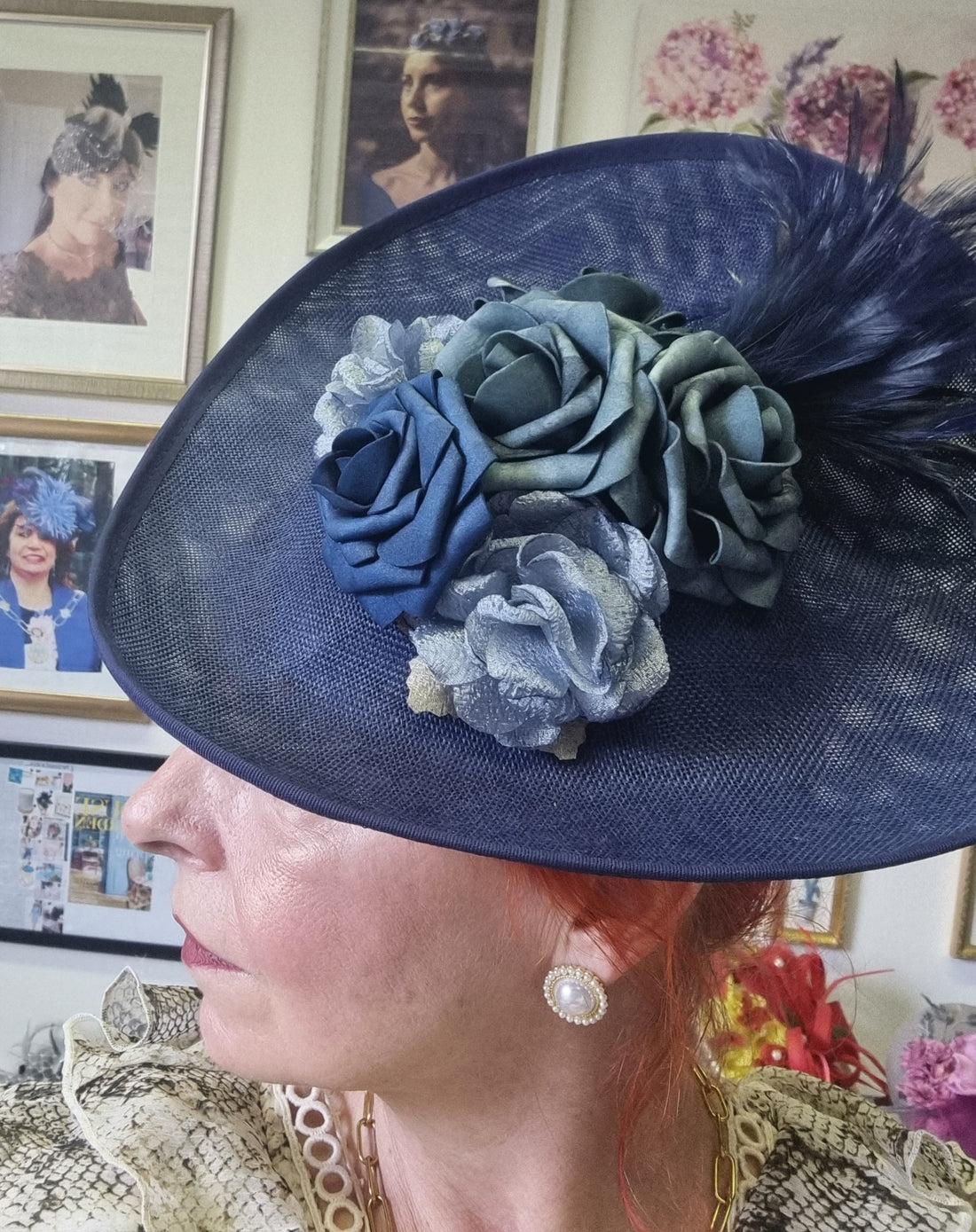 Navy large tilted fascinator. Races hat. Wedding hat.