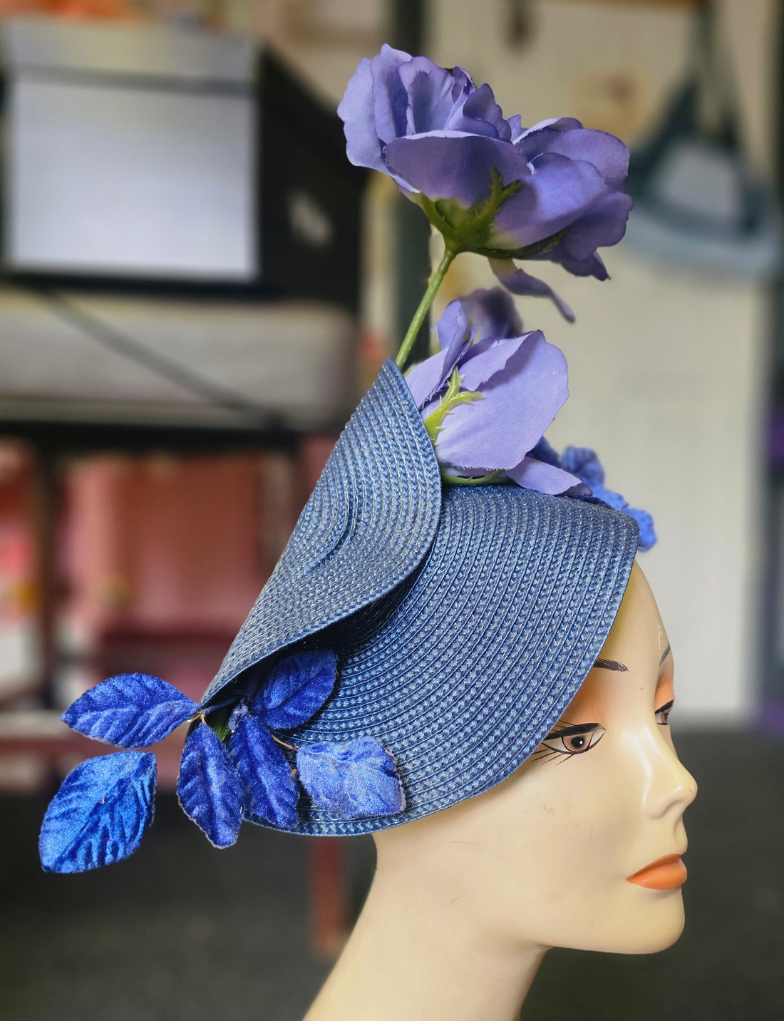 Purple, royal and navy flower hatinator.