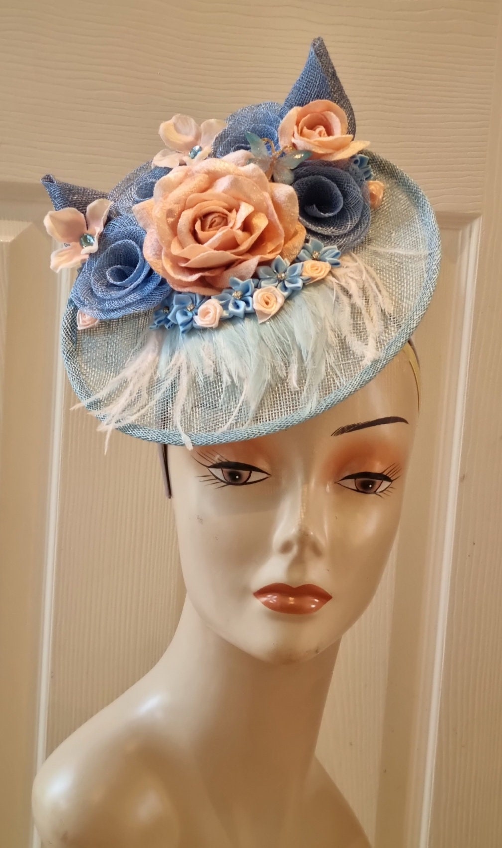 Blue nude pink Flower hatinator hat sinanay fascinator percher headpiece band  races Wedding  Christening round hat women
