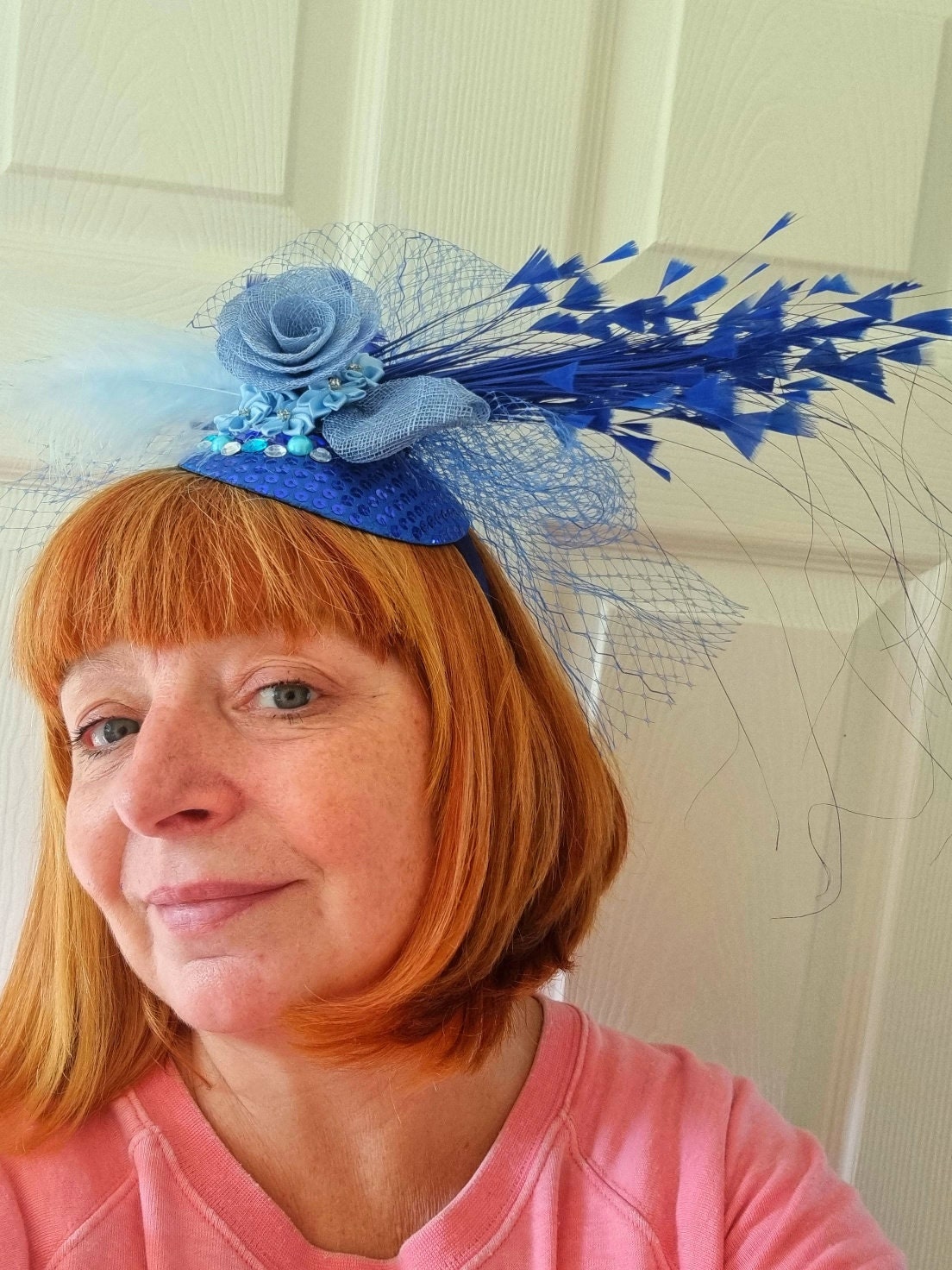 Royal blue powder blue flower fascinator sinamay sequin jewels feathers Mother of the bride wedding races pillbox hat hatinator band women
