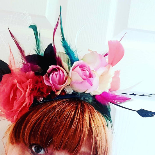 Pink teal black ivory Flower feather fascinator  Hat hatinator headpiece races Wedding Flower crown headband boho style womens