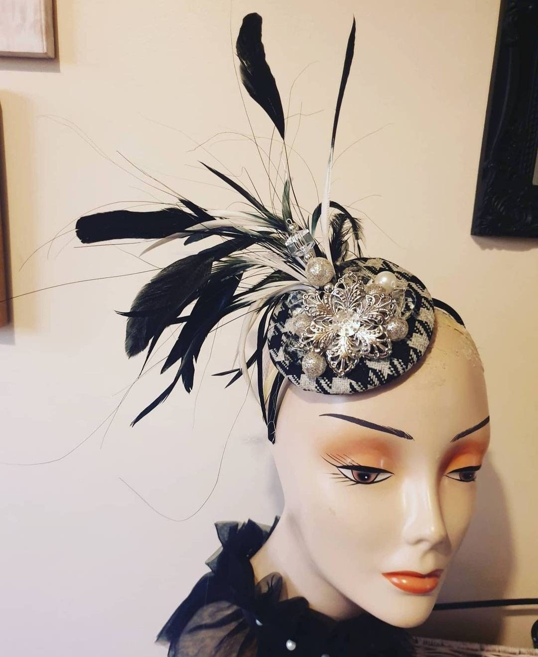 Black white monochrome feather jewel pillbox hat check wool headpiece headband wedding races hair fascinator headpiece hatinator womens