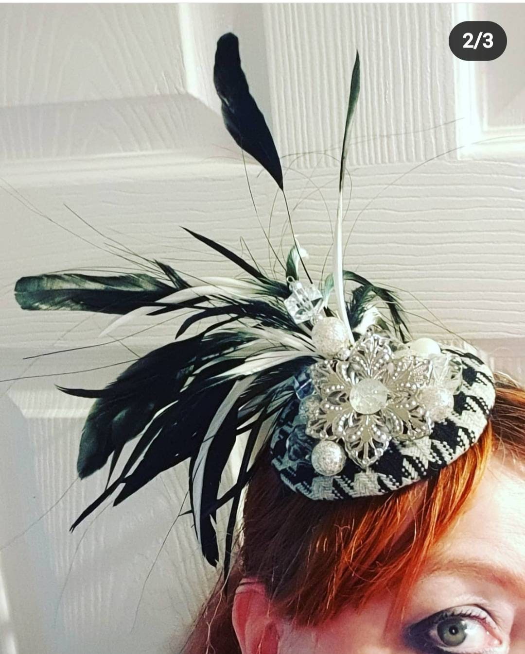 Black white monochrome feather jewel pillbox hat check wool headpiece headband wedding races hair fascinator headpiece hatinator womens