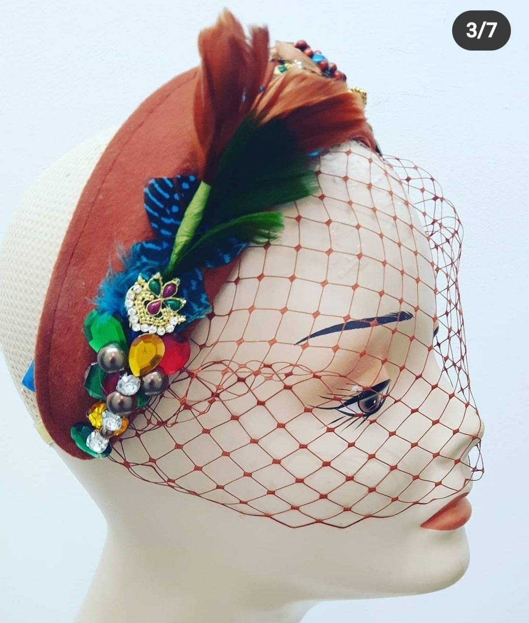 Brown rust gold green blue flower fascinator duchy headband wool hat veil wedding races hair fascinator headpiece hatinator womens