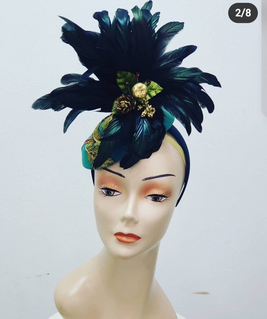 Green gold feather pillbox hat fascinator headpiece wool headband wedding races hair fascinator headpiece hatinator equestrian womens