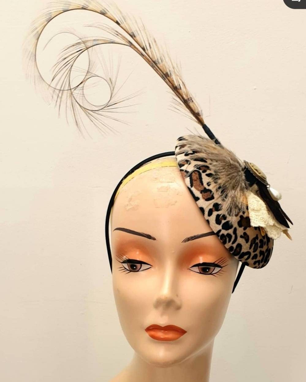 Brown cream leopard feather Pillbox hat Luxury velvet hatinator races Wedding headpiece fascinator Equestrian hat headband womens