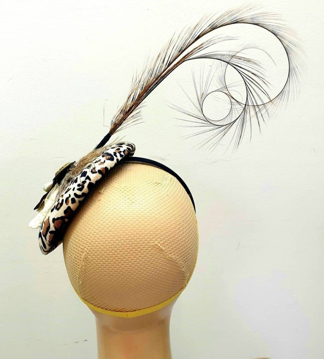 Brown cream leopard feather Pillbox hat Luxury velvet hatinator races Wedding headpiece fascinator Equestrian hat headband womens