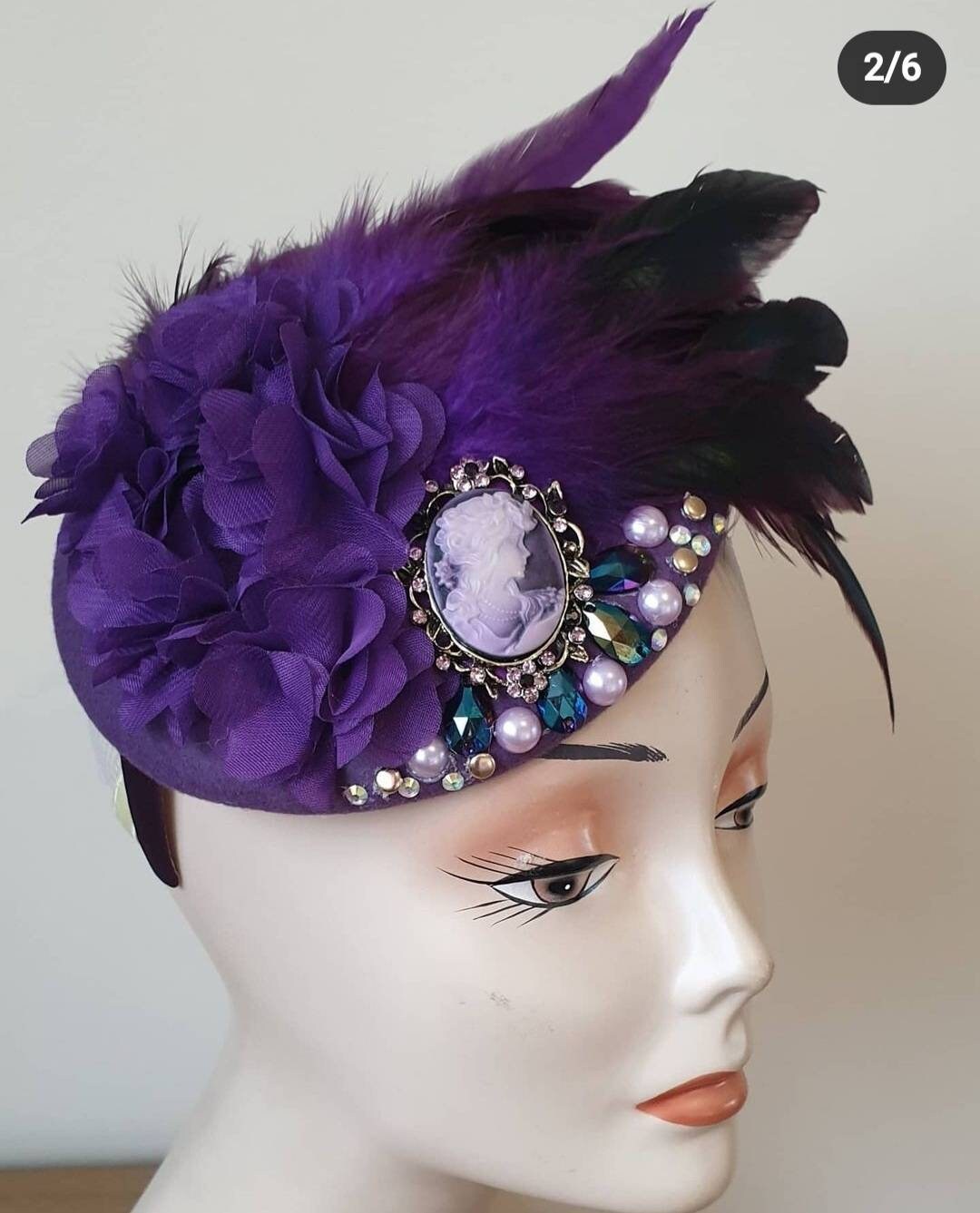 Purple lilac green feather pillbox hat fascinator headpiece wool headband wedding races hair fascinator hatinator equestrian womens