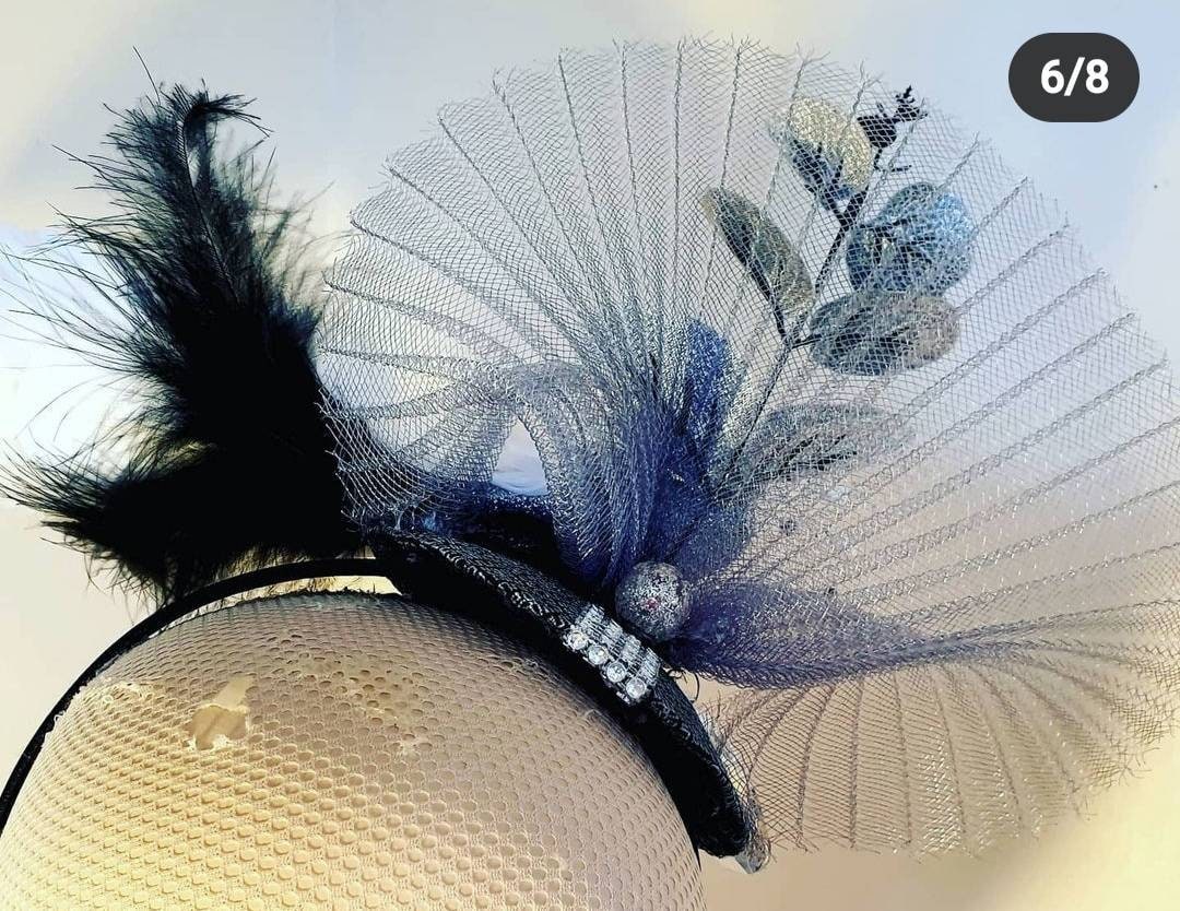 Black white Silver fascinator jewel feather bird Wedding races christening occasion hatinator pillbox hat vintage style headpiece womens