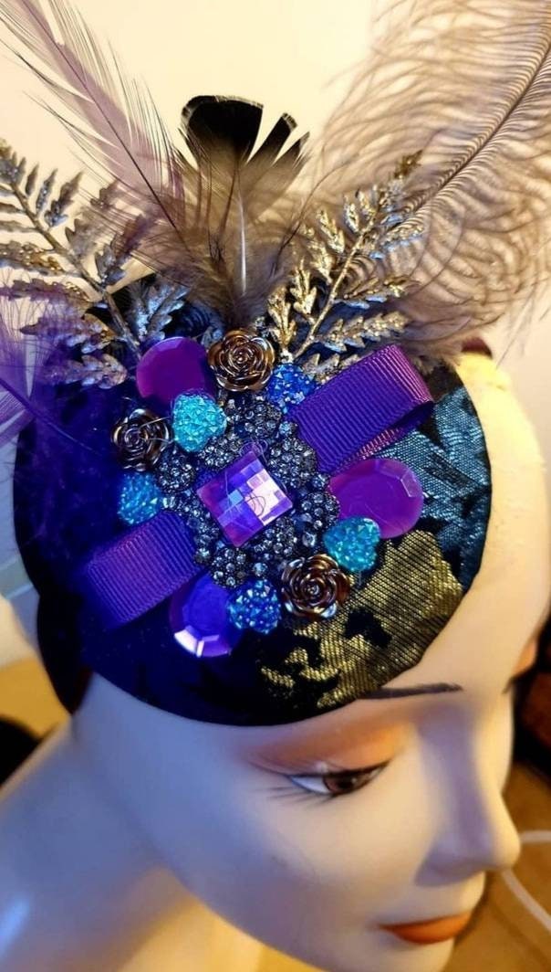 Purple black blue feather jewel fascinator brocade sinamay band pillbox Hat races wedding Equestrian headpiece hatinator womens