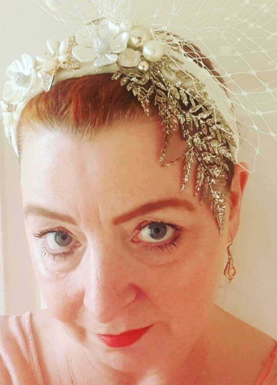 Ivory  gold Floral net embellished  bridal headpiece Vintage style bride bridesmaid luxury headband fascinator womens