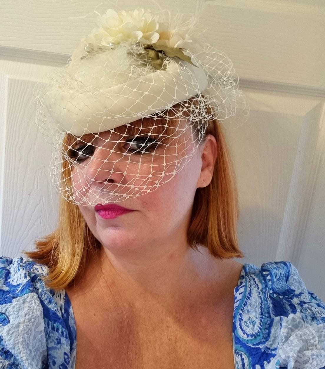 ivory cream peach flower pill box hat hatinator headpiece races wedding mother of the bride womens
